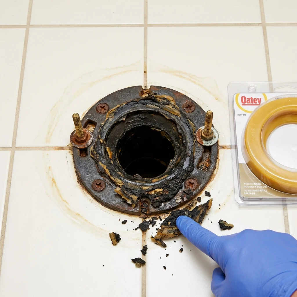 Failed wax ring showing water seepage at the base of a toilet in a Saint Charles, IL home