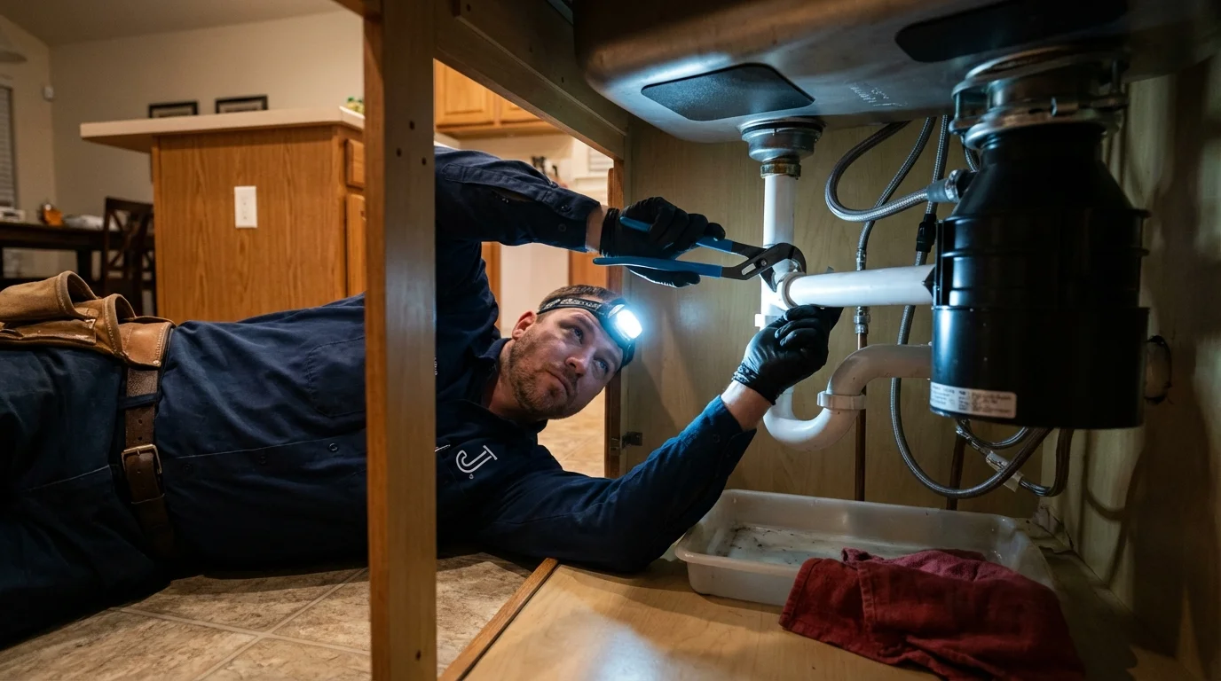 P-trap and supply line connections under a kitchen sink showing a common leak point in Saint Charles, IL